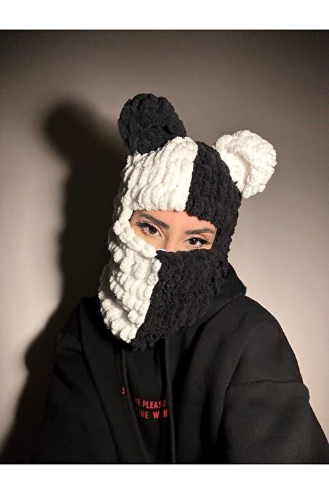 ALARA REYHAN Ayıcık Kulaklı Siyah Beyaz Balaklava Bjk Panda Bere Balaclava Peluş Örgü Hediyelik Beşiktaş