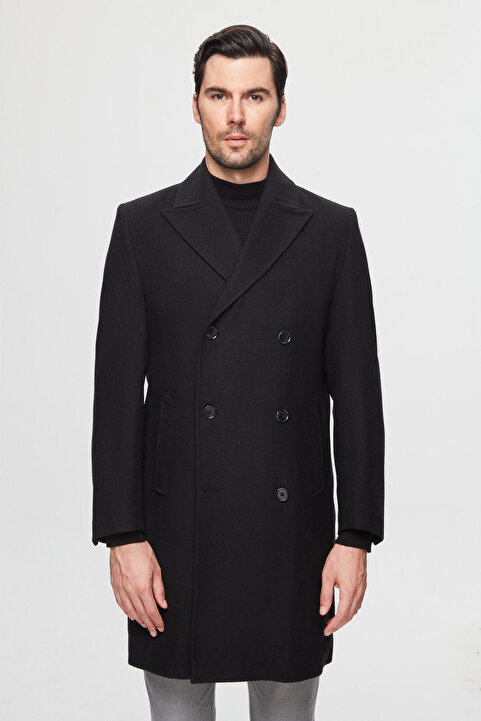 D'S Damat Ds Damat Regular Fit Siyah Balıksırtı Kruvaze Palto