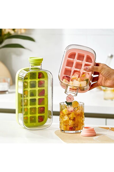 MİMOZA PARK 800 ml Otomatik Basmalı 18 Hazneli Buz Kalıbı ve Pipetli Su Şişesi – 800 ml Kapaklı Buzluk