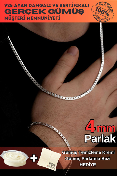 OSMANLI GÜMÜŞ Erkek Gümüş Kolye Bileklik Set - 4mm 925 Ayar Ezme Gurmet Gümüş Set