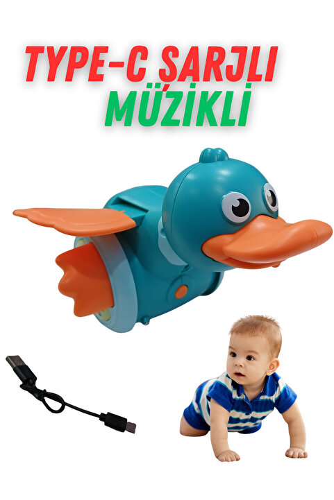 Boratila Toys Emeklemeye Yardımcı , Typ-C Şarjlı , Müzikli, Işıklı, Çarp Dön Sevimli Ördek Oyuncak