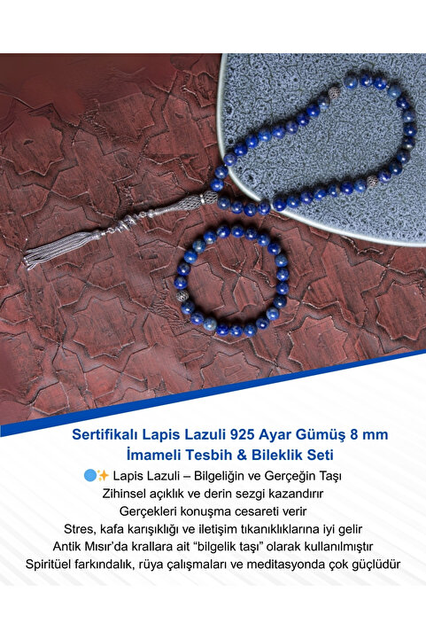 Saff Doğal Taş Sertifikalı Lapis Lazuli 925 Ayar Gümüş 8 mm İmameli Tesbih & Bileklik Seti