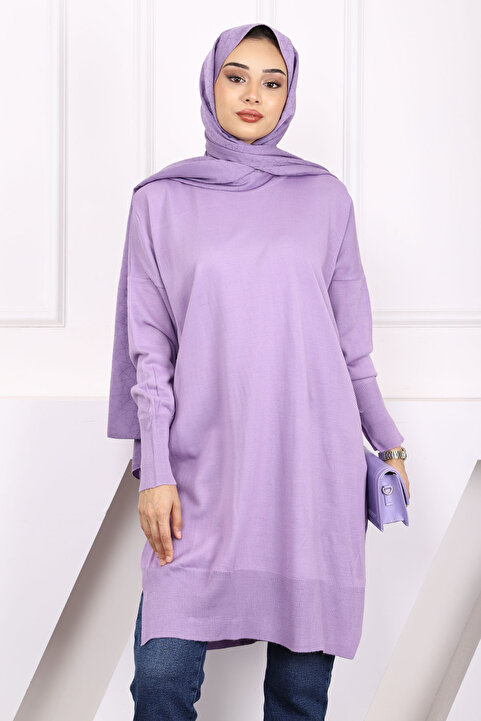 İmajButik Lila Bisiklet Yaka Merserize Salaş Triko Tunik