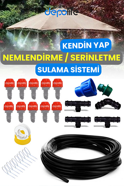 Depolife 10 Metre Bahçe Balkon Veranda Kamelya Çardak Nemlendirme Sulama Serinletme Sis Püskürtme Sistemi