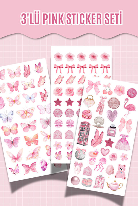 Hume Craft 3’lü Pink Sticker Seti – Pembe Temalı Dekoratif Etiketler – (Ajanda, Bullet Journal , Scrabook)
