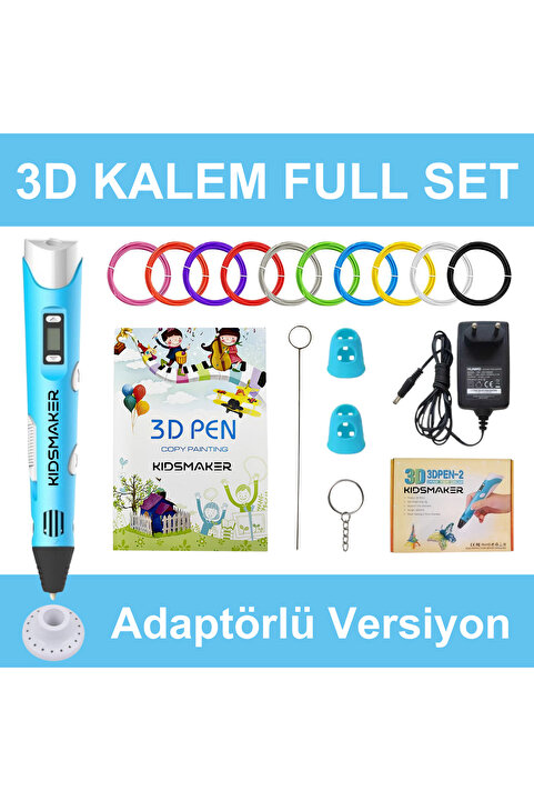 Kids Maker Mavi 3D Kalem Full Set-Adaptörlü-Şablon Kitabı-Filament-Temizleme Çubuğu-Parmak Koruyucu-Anahtarlık