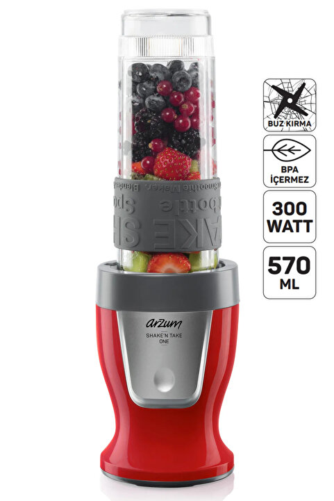 Arzum Shake’N Take One Kişisel Smoothie Blender Buz Kırma 300W 570ml Şişe Kırmızı - AR1120