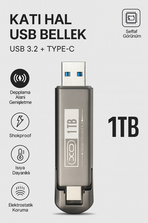 qasul 1TB USB 3.2 + Type-C Çift Girişli Taşınabilir Flash Bellek – Yüksek Hızlı, Dayanıklı ve Şok Korumal