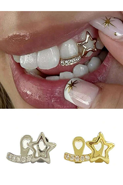 La Saade Y2k Hip Hop Gümüş Rengi İkili Taşlı Yıldızlı Tooth Grillz Gems Diş Taşı Aksesuar.