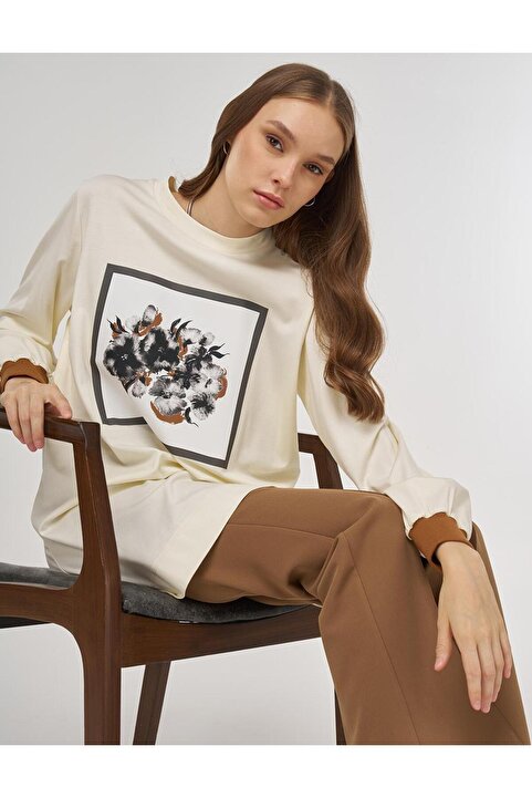 Kayra Görsel Baskılı Rayon Sweatshirt Ekru
