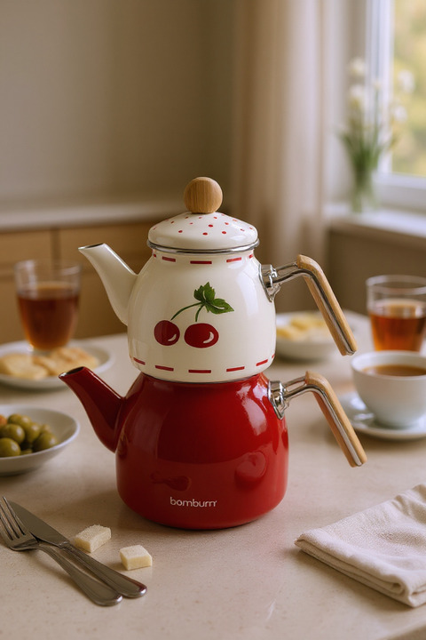 Bambum Unique Bambu Kulplu Emaye Çaydanlık Takımı Cherry