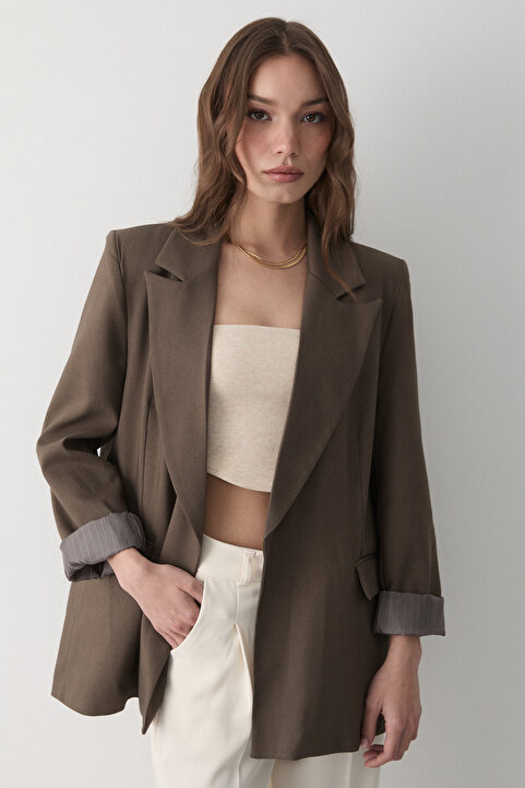 JASTE Kadın Kahve Çizgili İçi Astarlı Kol Detaylı Blazer Ceket