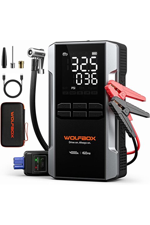 WOLFBOX 4000A Marş Yardımı, 160 PSI Kompresör 12V Akü Takviyesi 24000mAh Powerbank LED Işık