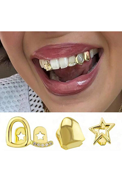 Genel Markalar Y2k Hip Hop Gold Rengi Yıldızlı Taşlı Üçlü Gems Tooth Grillz Diş Taşı Aksesuar