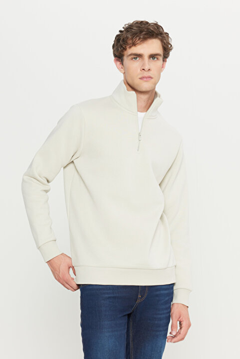 AC&Co / Altınyıldız Classics Erkek Bej İçi Polarlı Standart Fit Normal Kesim Fermuarlı Dik Bato Yaka Pamuklu Sweatshirt