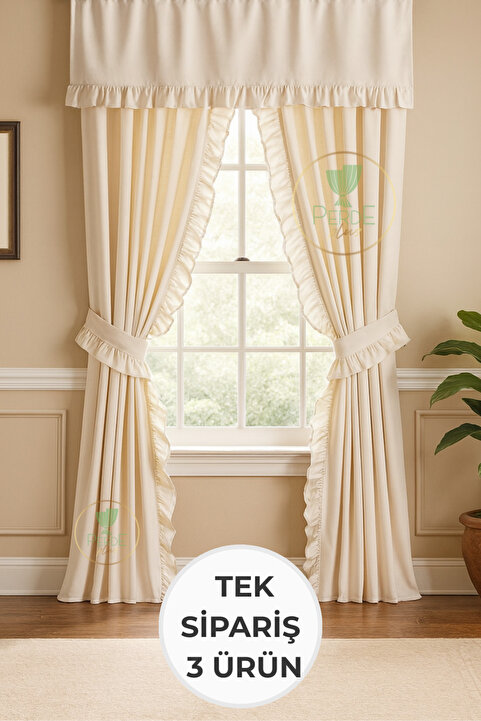 Perdeplus Fırfırlı Keten Perde Takımı – 3’lü Set, Rustik & Korniş Uyumlu
