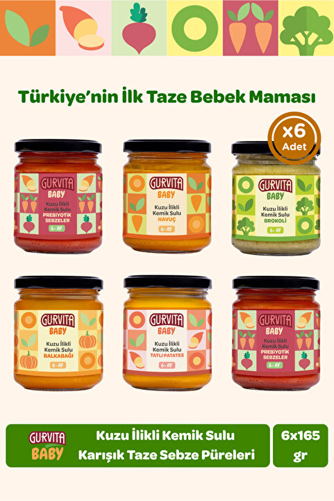Gurvita Baby Kuzu Ilikli Kemik Sulu Karışık Sebze Püreli Kavanoz Mama 165 gr 6'lı
