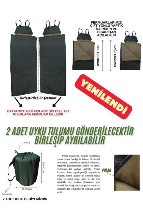 Med Online Çift Kişilik 2'li Birleşip Ayrılabilir Haki Uyku Tulumu (-25) Mikro Su Itici Kamp (2.15×1.50)