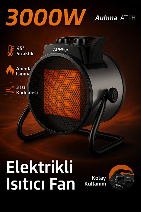 auhma AT1H Elektrikli Isıtıcı Fan Gri | 3000W Hızlı Isınma, 3 Kademeli Ayar, Sessiz PTC Isıtma Tekno