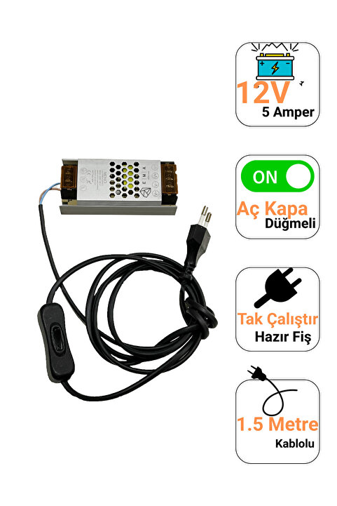 Ema Dükkan 12V 5A Ultra Slim LED Trafo Anahtarlı Fişli 60W İnce Kasa LED Sürücü Adaptör