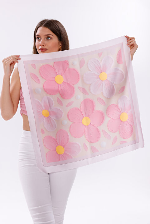 tarzınısec Pembe Rüya Çiçekleri Model Fular Bandana Şal Estascarf 70x70 Cm