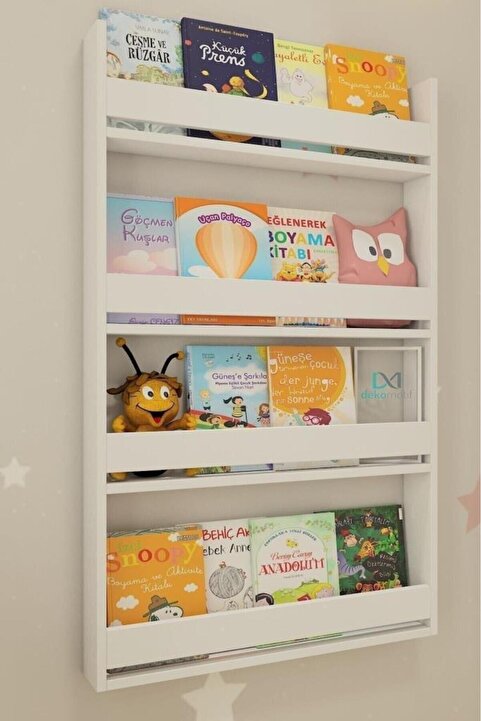 Sanal Mobilya Montessori Çocuk Kitaplığı 4 Raflı Duvar Tipi Beyaz Kitaplık - Eğitici Tasarım