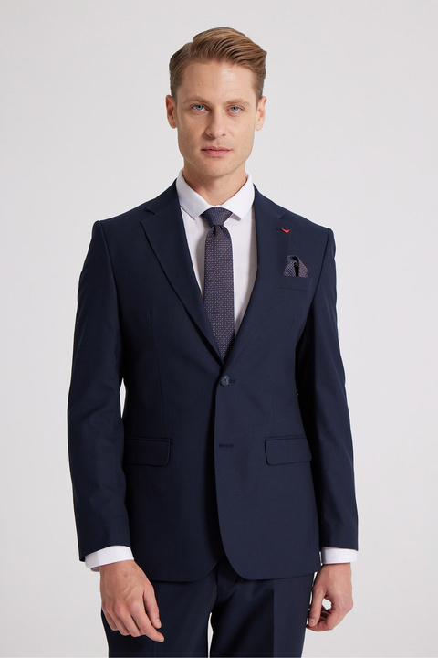 D'S Damat Ds Damat Slim Fit Lacivert Düz Likralı Esnek Mono Yaka Çift Yırtmaçlı Astarlı Takim Elbise