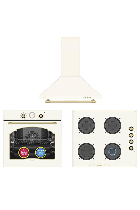 Simfer 9 Fonksiyon Retro Bej Ankastre Set ( Fırın + Ocak + Davlumbaz)