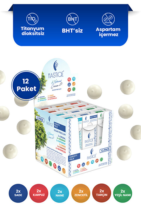 Mastiqe Doğal Aromalı Damla Sakızlı Şekersiz Sakız-Karışık Paket 12 Adet