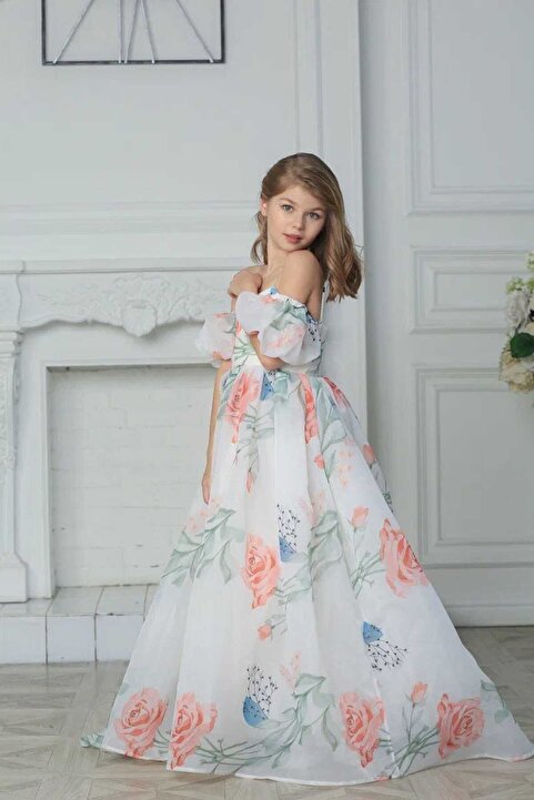 Kids By Feyza Kız Çocuk,Çiçekli Organze Kuyruklu Abiye mezuniyet elbise,7-14 yaş,pembe beyaz
