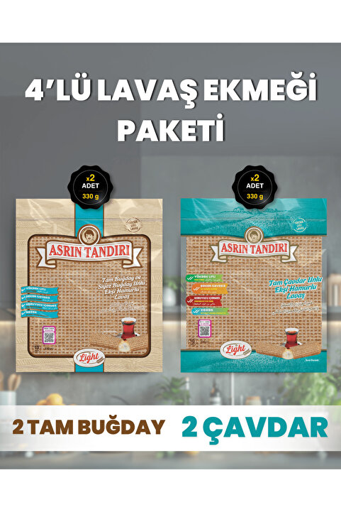 Asrın Tandırı 4'LÜ LAVAŞ PAKETİ (2 Paket Ekşi Hamurlu Çavdar+2 Paket Ekşi Hamurlu Tam Buğday) 4X330Gr.