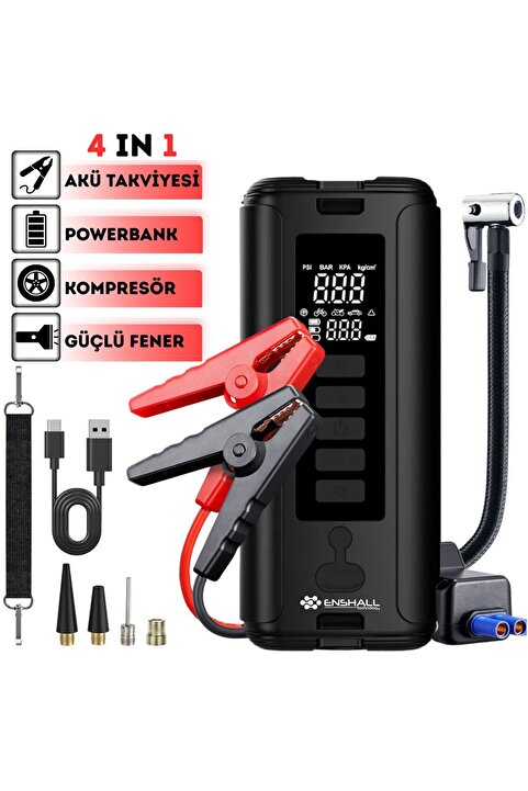 Enshall 12000mAh Led Işıklı Acil Durum Akü Takviye Kablolu Araç Motor Lastik Şişirme Hava Kompresörü