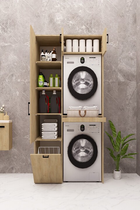 DEMİRBAL MOBİLYA MDF ÇAMAŞIR MAKİNESİ DOLABI KURUTMA MAKİNESİ DOLABI KİRLİ SEPETLİ ÇEKMECELİ