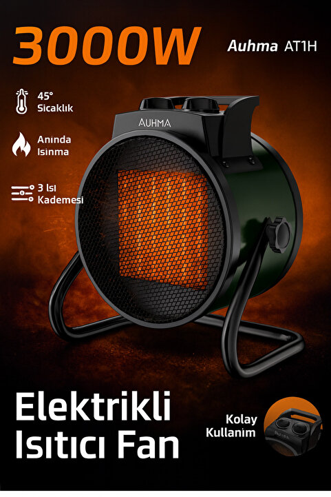 auhma AT1H Elektrikli Isıtıcı Fan Yeşil | 3000W Hızlı Isınma, 3 Kademeli Ayar, Sessiz PTC Isıtma Tek