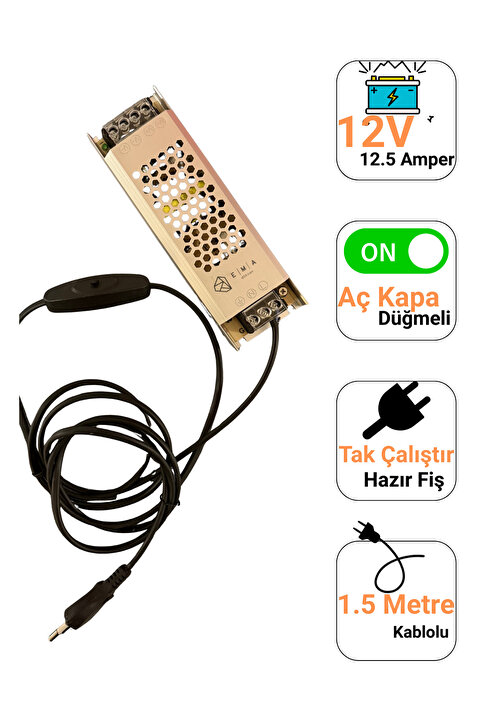 Ema Dükkan 12V 12.5A Ultra Slim LED Trafo Anahtarlı Fişli 150W İnce Kasa LED Sürücü Adaptör
