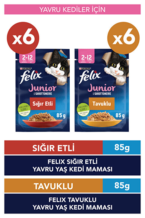 FELIX Karışık Yavru Kedi Yaş Maması 12 x 85 gr (6 Adet Tavuklu ve 6 Adet Sığır Etli)