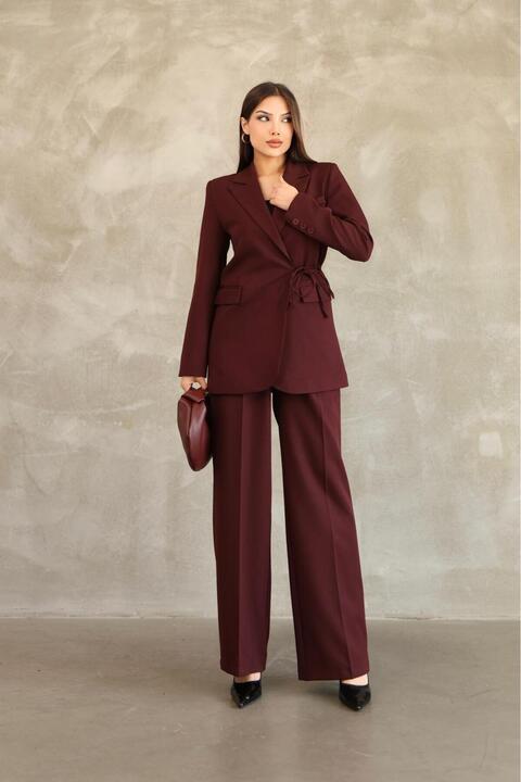 Hazel Kadın Vişne Yandan Bağlamalı Blazer Ceket Pantolon Takım