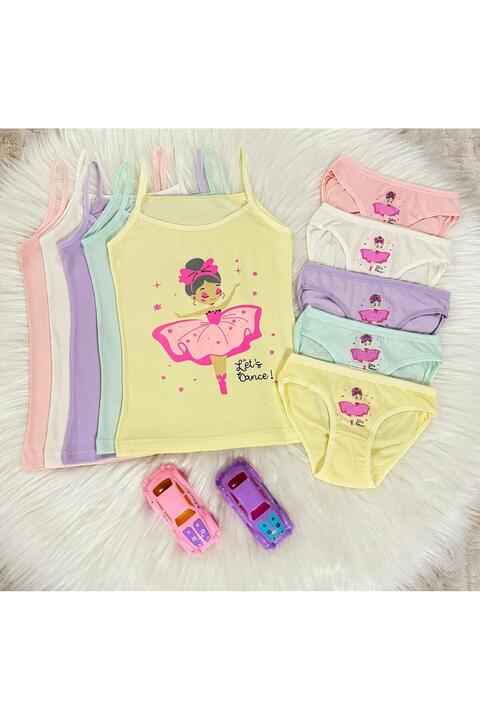 TatlıKids BASKILI KIZ COCUK ATLET BİKİNİ 5'Lİ SET {PAMUKLU]