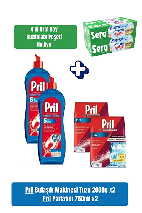 Pril Bulaşık Makinesi Tuzu 2000g x2 + Parlatıcı 750ml x2 - İkili Set