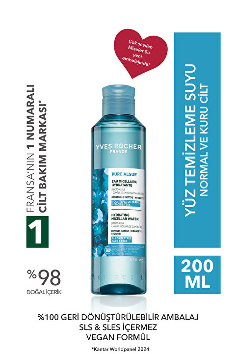 Yves Rocher Makyaj Temizleme Micellar Suyu-Normal ve Kuru Cilt -Pure Algue Nemlendirici Botanik Kompleks 200ml