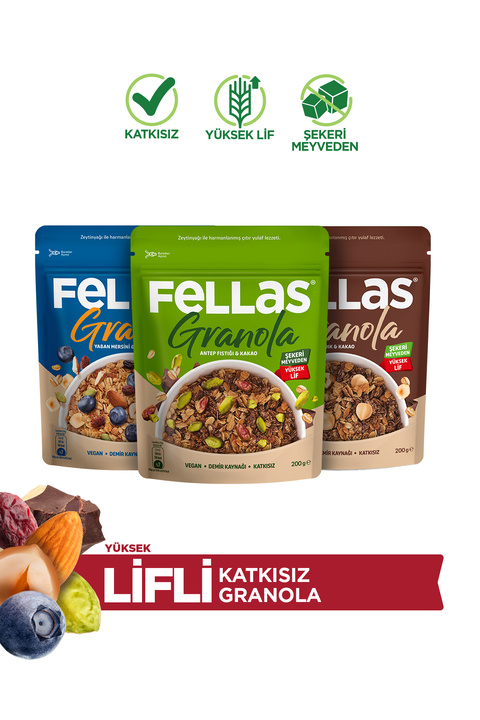 Fellas Granola 3'lü Mix Paket - Yaban Mersinli (200 g) + Fındık & Kakao (200 g) + Antep Fıstıklı (200 g)
