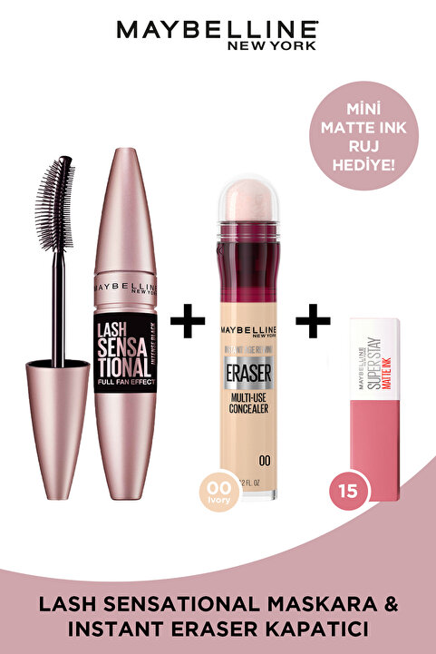 Maybelline New York Lash Sensational Maskara & Instant Eraser Kapatıcı 00 & Matte Ink Ruj 15 Mini