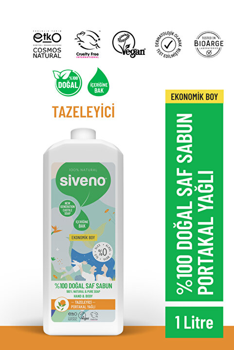 Siveno %100 Doğal Sıvı Kastil Sabun Portakal Yağlı Yoğun Nemlendirici Arındırıcı Bitkisel Vegan 1000 ml