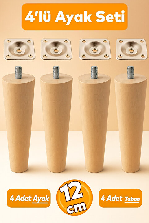Badem10 Ahşap (12 CM) Mobilya Koltuk Kanepe Ayağı Ayakları M8 Civatalı Bağlantı Aparatlı 4'lü Set