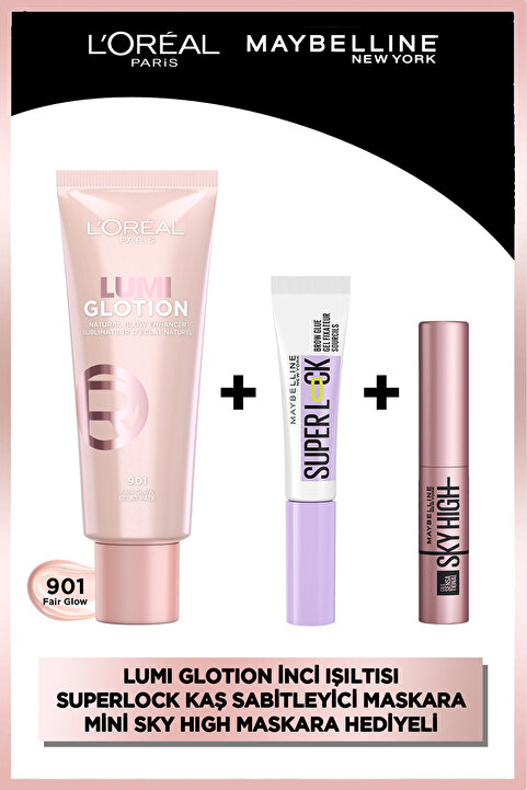 L'Oreal Paris Glotion 901 All-in-one Aydınlatıcı & Superlock Kaş Sabitleyici Maskara + Sky High Mini Maskara