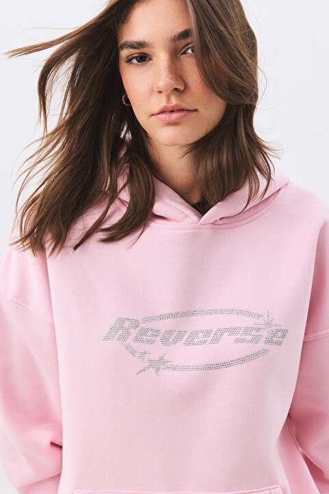 Trendiz Unisex Reverse Taş Baskılı Sweatshirt Pembe