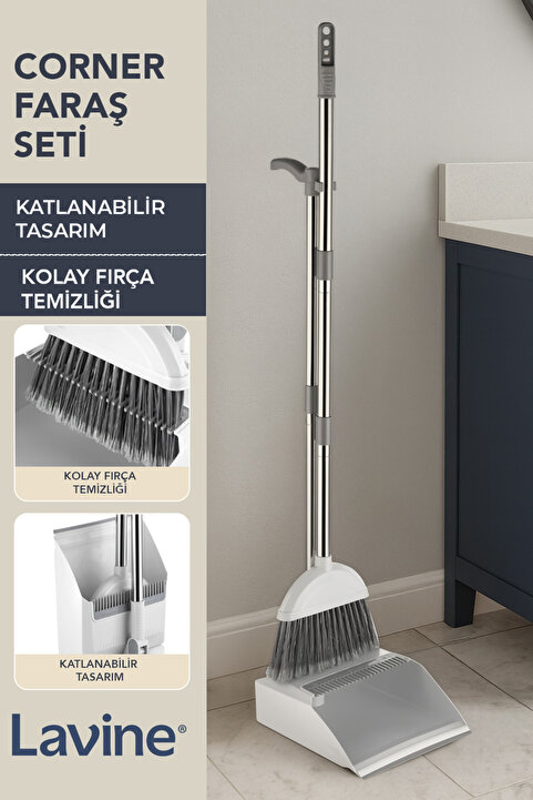 obido Lavine Corner Fırçalı Faraş Seti Paslanmaz Çelik Saplı Katlanabilir Fırça Temizleme Taraklı