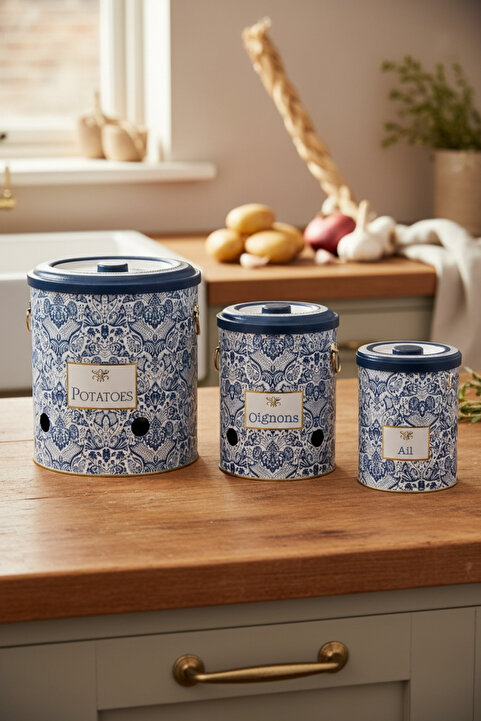Evle Metal Patates Soğan Kovası - Sebzelik - Patates Soğanlık Sepeti Sarımsaklık 3lü, Azulejos Erb29t6