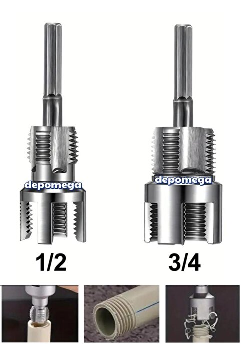 DepoMega 2’ li Set İç Dış Plastik Boru Diş Açma Seti 1/2 ve 3/4 İnç Borularla Uyumlu