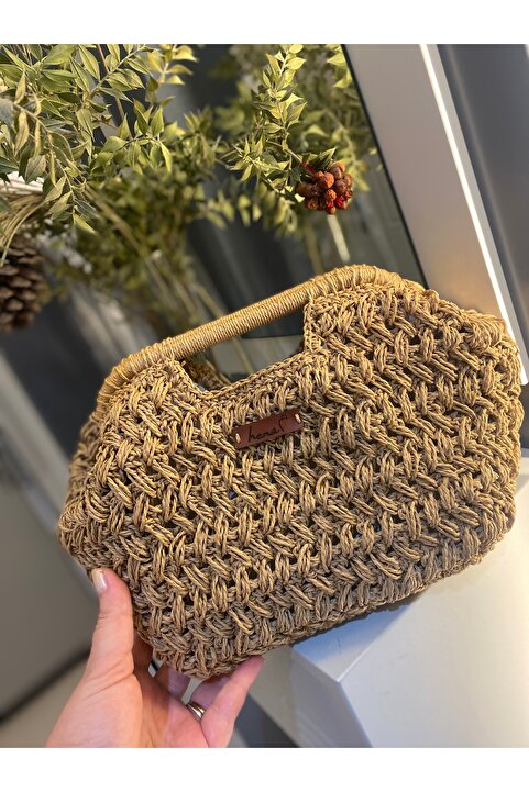henaabag Kahverengi burslu çanta, el yapımı kâğıt ip el çantası, clutch çanta, öğretmenler günü hediyesi
